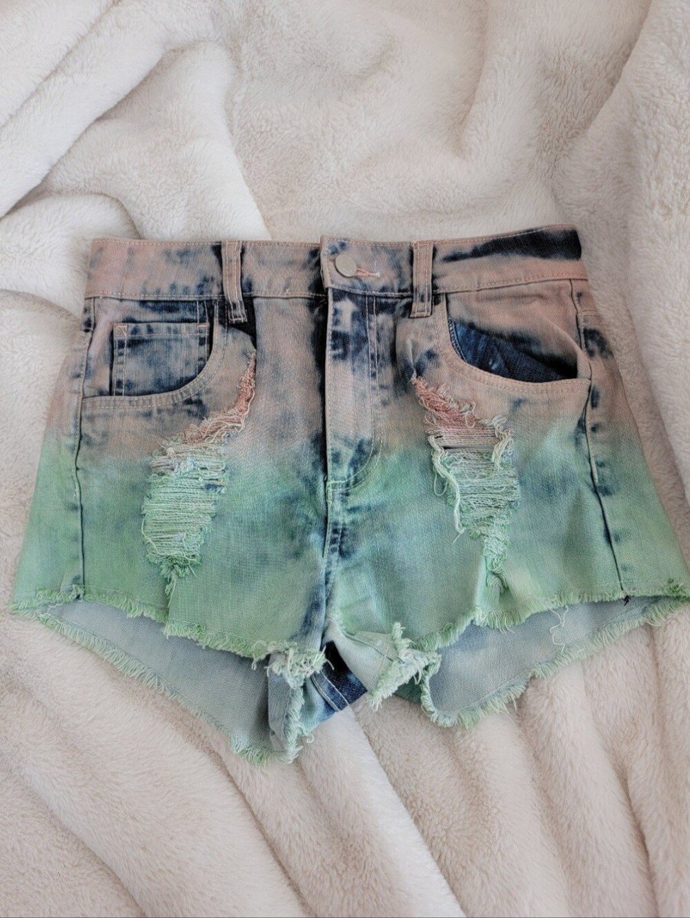 High-Rise Tie-Dye Distressed Denim Shorts - Green Blue